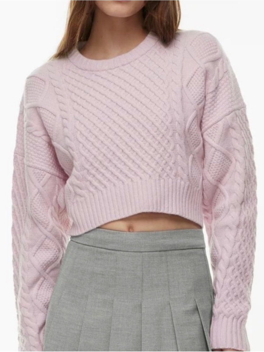 Sunday Best Light Pink Cable-Knit Cropped Crewneck Sweater